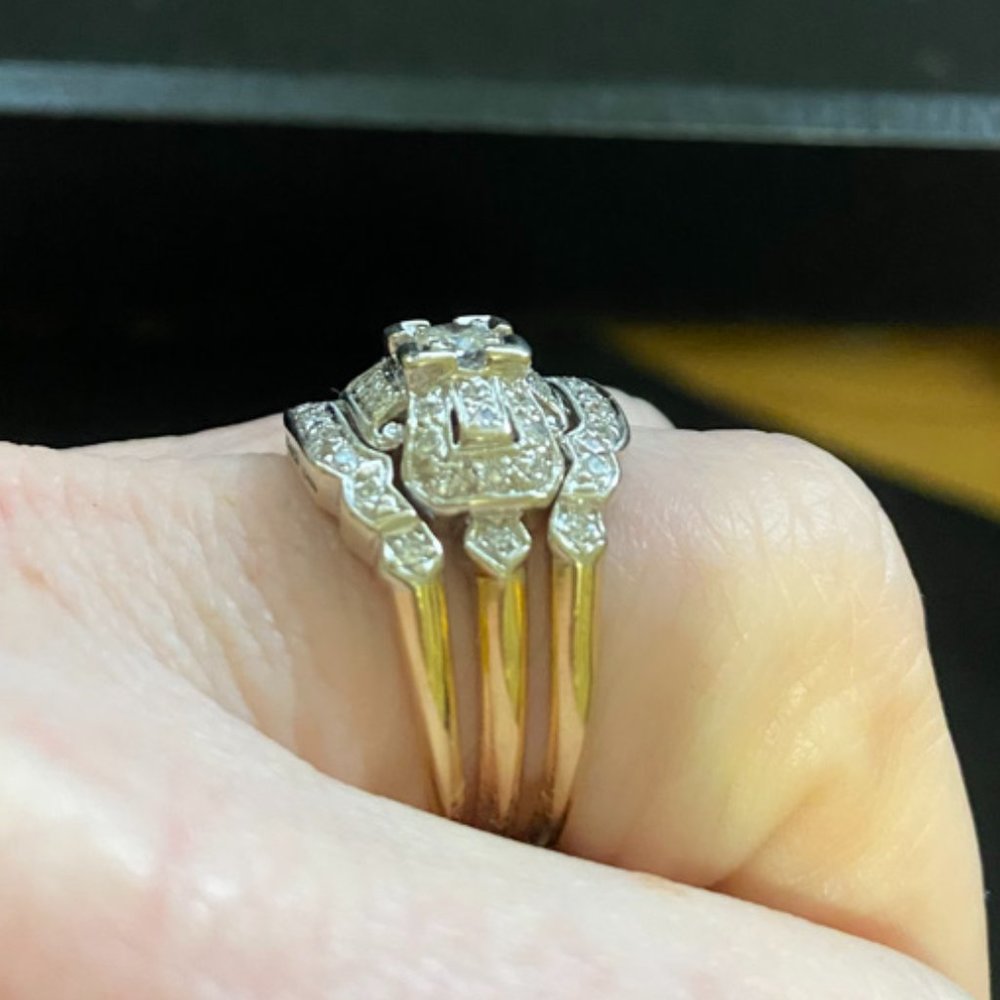 14k two tone gold three band art deco diamond wedding set sz 9.5 - Picture 4 of 5